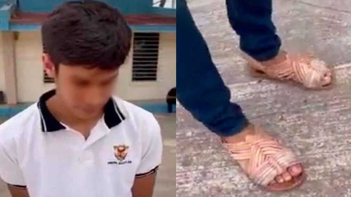 Le dio lección a su hijo por hacer ‘bullying’ “Lo voy a mandar toda la semana así para que aprenda la lección de que no debe hacer sentir menos a las personas”, dijo el papá mientras grababa a su hijo (Izq.). Sumado a eso, el papá envió a su hijo con una caja de tenis de marca para que se los regalara al menor afectado.