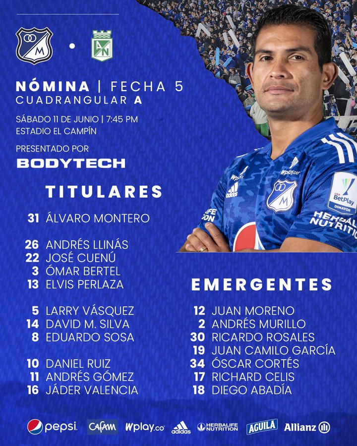 La nómina con la que Millonarios buscará ganarle a Atlético Nacional en El Campín 2 La nómina con la que Millonarios buscará ganarle a Atlético Nacional en El Campín Llegó la hora de la verdad para Millonarios. El equipo 'Embajador' está listo para enfrentar esta noche (iniciará a las 7:45 p.m. por un retraso) a Atlético Nacional, en el estadio El Campín. El equipo dirigido por Alberto Gamero está obligado a ganar para depender de sí mismo en los cuadrangulares y avanzar a la gran final en la última fecha, ante Bucaramanga; un empate lo deja en riesgo de quedar por fuera y una derrota lo eliminará.