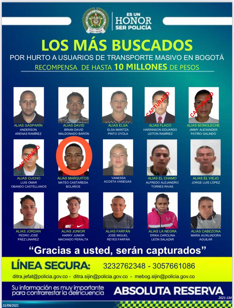 Capturan a alias 'Marquitos', uno de los más buscados por hurto en Bogotá 1 Capturan a alias 'Marquitos', uno de los más buscados por hurto en Bogotá En las últimas horas se conoció que las autoridades en Ciudad Bolívar lograron la captura de uno de los sujetos más buscados en Bogotá. La Policía de esta localidad del sur de la capital informó que, mediante actividades de control y prevención, capturaron a Mateo Castañeda, alias ‘Marquitos’, quien estaba incluido en el cartel de los más buscados por hurto a transporte masivo de Bogotá.