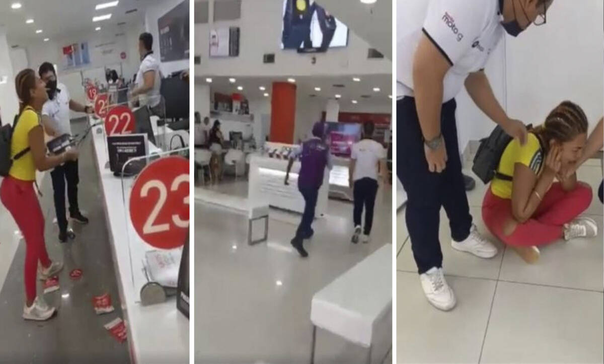EN VIDEO: Mujer sufrió un ataque de ira en oficina de Claro En un video, una mujer quedó registrada cuando sufrió un ataque de ira en una de las oficinas de Claro, cuando le pidieron que usara el tapabocas.