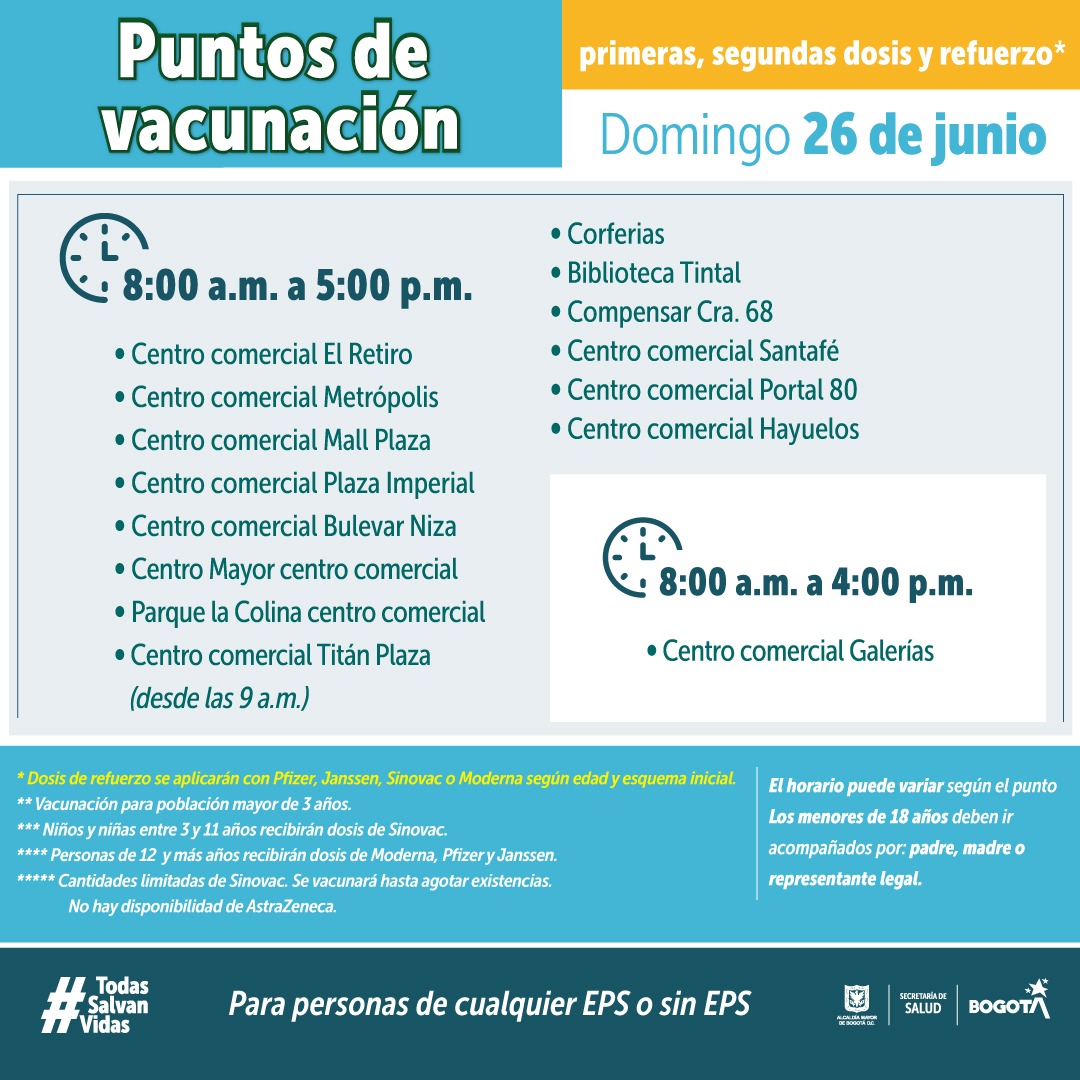Estos son los puntos de vacunación de Covid-19 habilitados en Bogotá 1 Estos son los puntos de vacunación de Covid-19 habilitados en Bogotá La Secretaría Distrital de Salud de Bogotá, tiene habilitados varios puntos de vacunación Covid-19 para que usted complete el esquema.