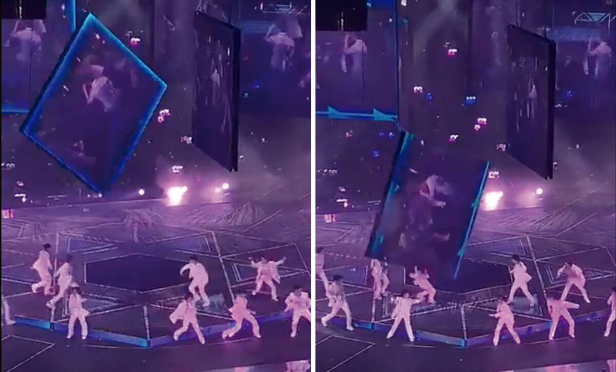 EN VIDEO: Pantalla gigante le cayó encima a bailarines en pleno concierto En pleno concierto una de las pantallas gigantes que le permiten ver con más detalle la presentación a los asistentes, se le cayó encima a los bailarines que estaban a la mitad del show.