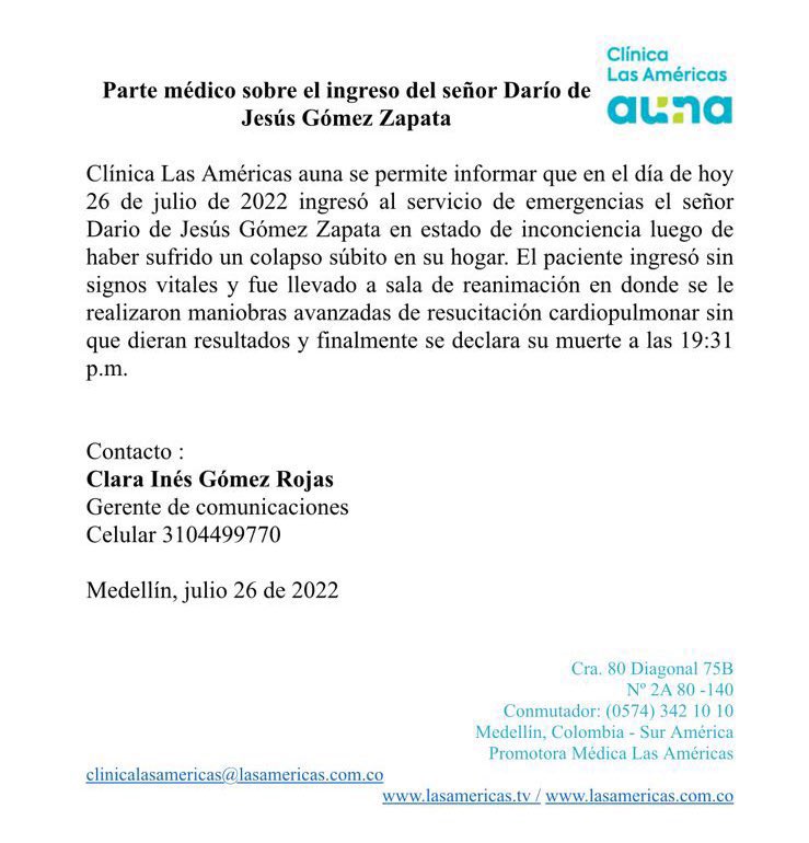Por esta razón murió Darío Gómez, el 'Rey del Despecho' Darío Gómez, mejor conocido como el ‘Rey del Despecho’ y una de las figuras insignias de la música popular colombiana, falleció el día de ayer en horas de la noche, tras un comunicado emitido por la Clínica de Las Américas de Medellín.