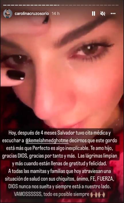 Las lágrimas de Carolina Cruz por la salud de su hijo Salvador 2 Las lágrimas de Carolina Cruz por la salud de su hijo Salvador En las últimas horas, por medio de sus historias de Instagram , la presentadora Carolina Cruz reveló entre lágrimas a sus seguidores cómo se encuentra la salud de su hijo Salvador.