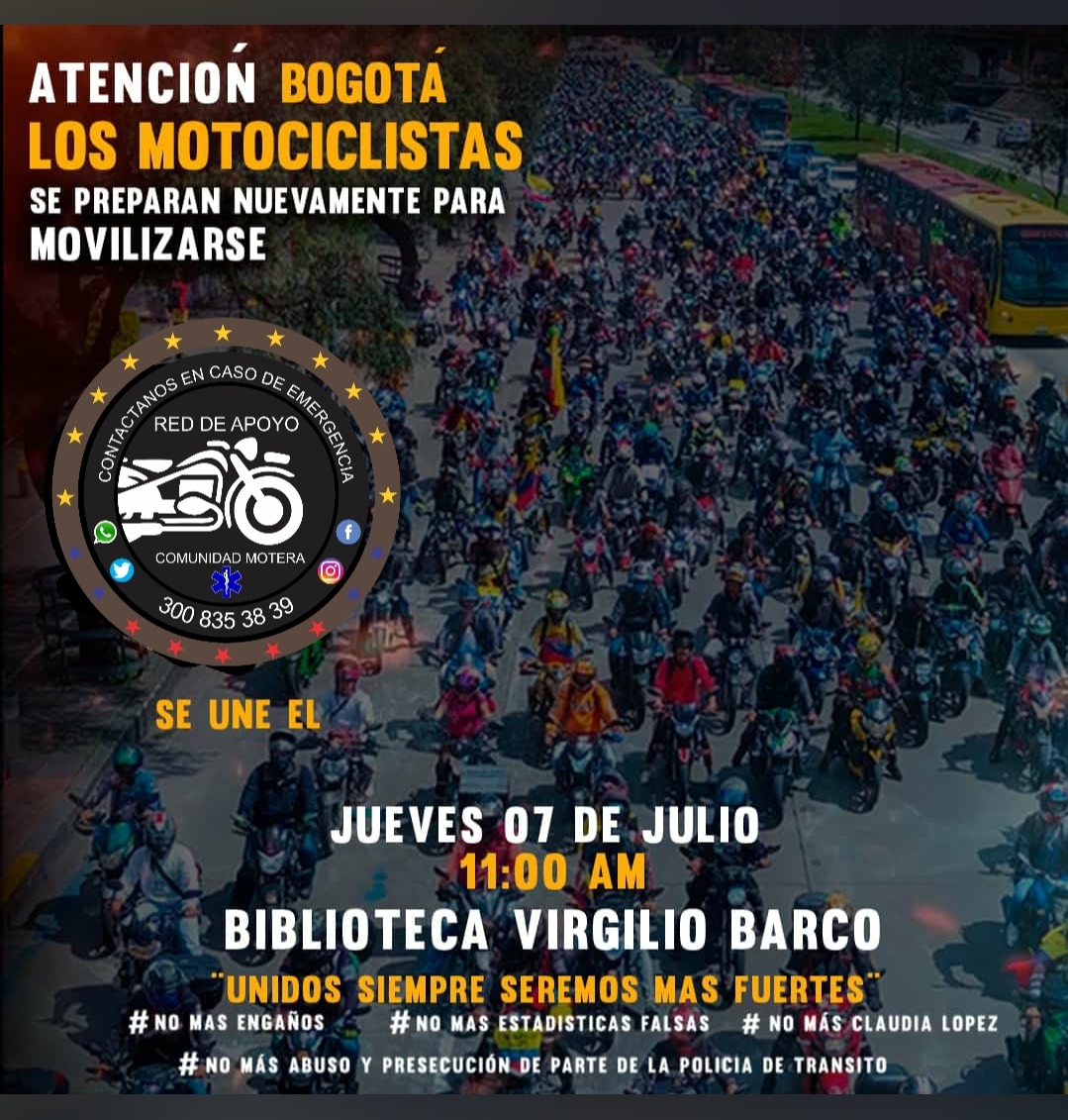 ¡Prepárese para los bloqueos de motociclistas! 2 ¡Prepárese para los bloqueos de motociclistas! A las 11 de la mañana de este jueves, los motociclistas se pusieron una cita frente a la biblioteca Virgilio Barco, ubicada en la Carrera 50 con Calle 57, con el fin de alzar su voz y realizar una protesta en contra de la ampliación de la medida de la prohibición del parrillero en Bogotá, la cual se extendió hasta diciembre de este año.
