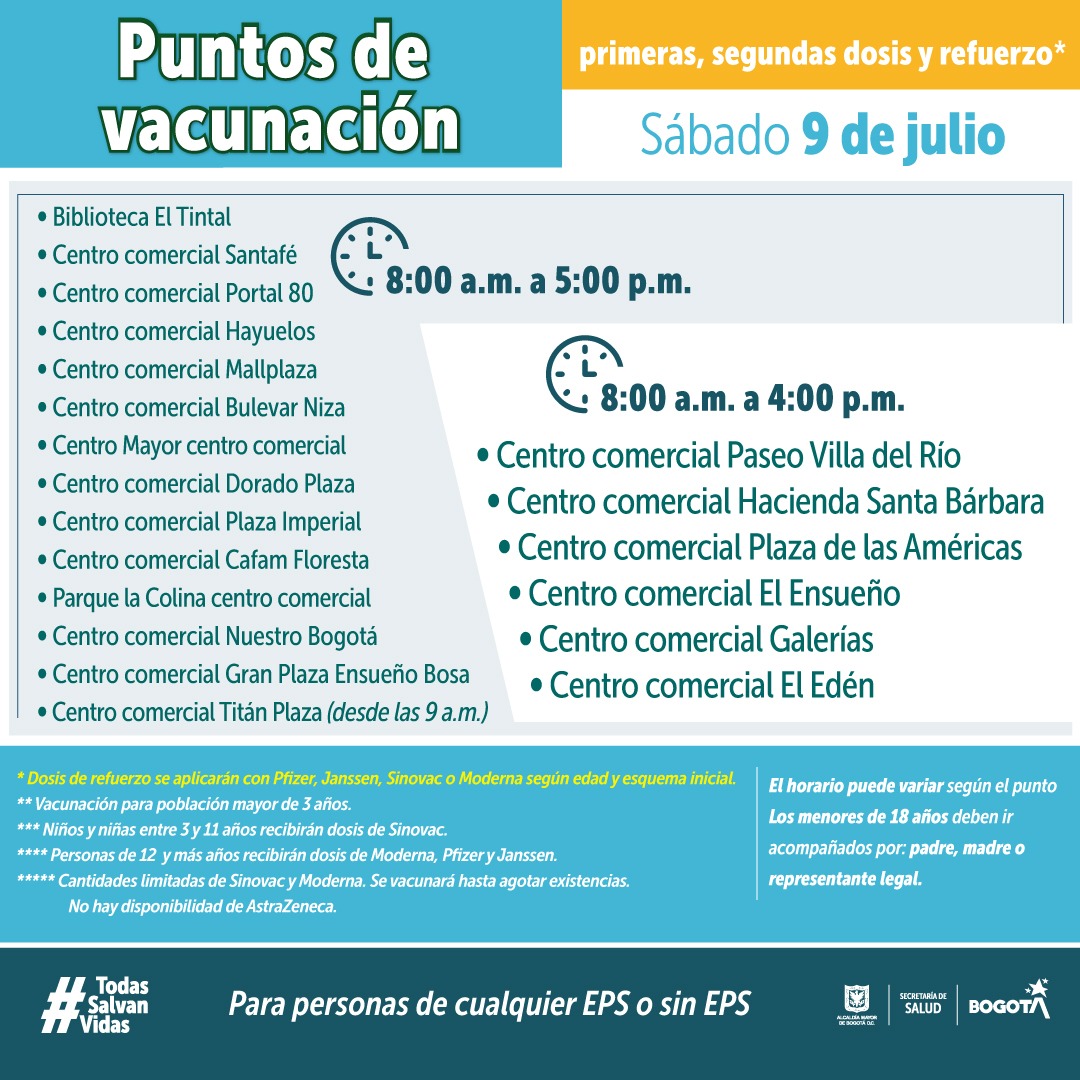 Complete su esquema de vacunación contra COVID-19, estos son los puntos 1 Complete su esquema de vacunación contra COVID-19, estos son los puntos La Secretaría Distrital de Salud de Bogotá, tiene habilitados varios puntos de vacunación Covid-19 para que usted complete el esquema, esto debido a el aumento de contagios y de muertes.