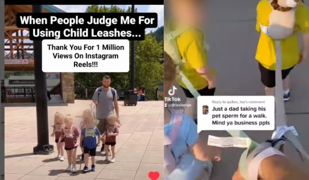 ¡No son perros! Critican a hombre que paseaba a su hijos con correas El hombre hizo una publicación a través de su cuenta de Instagram, en el que se puede ver como pasea a su hijos con correas que van sujetas a el pecho de cada uno. La familia reside en Kentucky, Estados Unidos.
