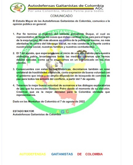 Clan del Golfo anuncia cese al fuego a partir de la posesión presidencial de Gustavo Petro 2 Clan del Golfo anuncia cese al fuego a partir de la posesión presidencial de Gustavo Petro El mismo día en que Gustavo Petro toma posesión como nuevo Presidente de Colombia, el Clan del Golfo, por medio de un comunicado, anunció un cese al fuego.