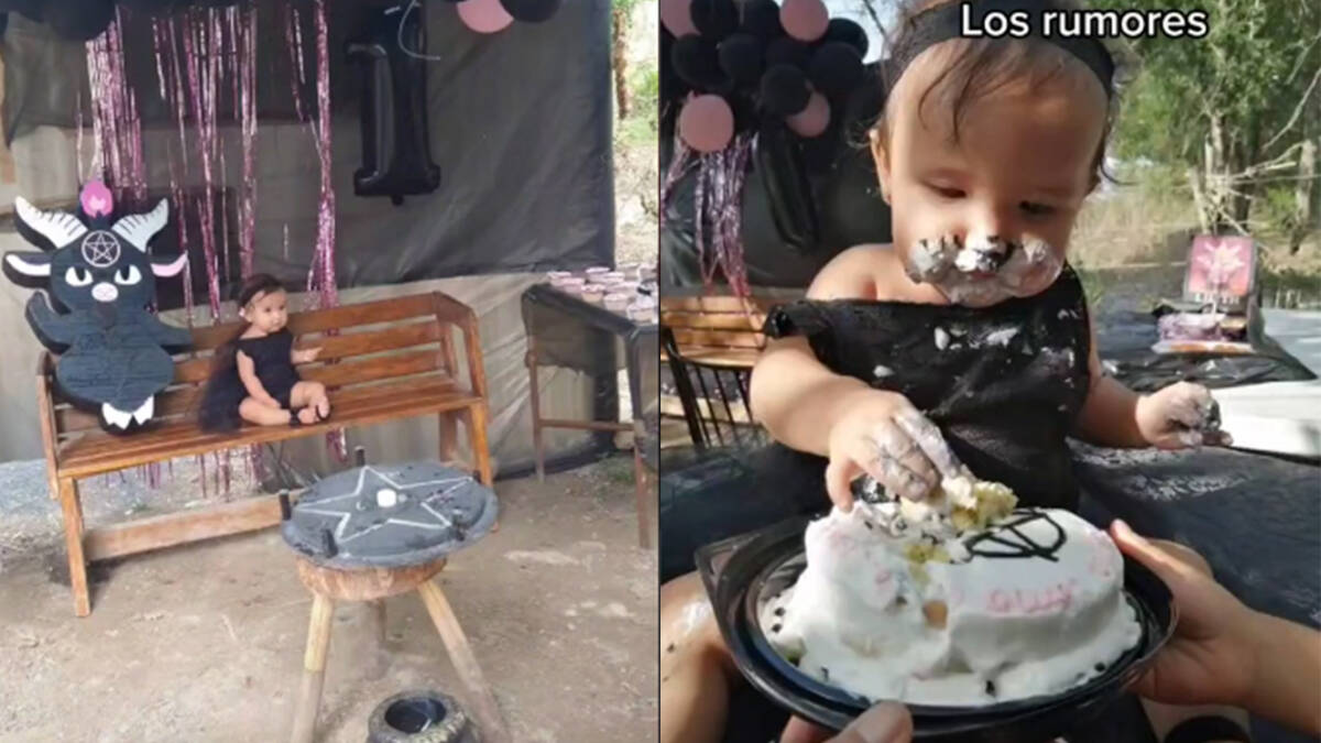 Con temática satánica, madre le celebró el cumpleaños a su pequeña hija  En las imágenes se ve que la temática es "satánica", por lo que todo es de color negro, con símbolos y hasta un demonio bebé.