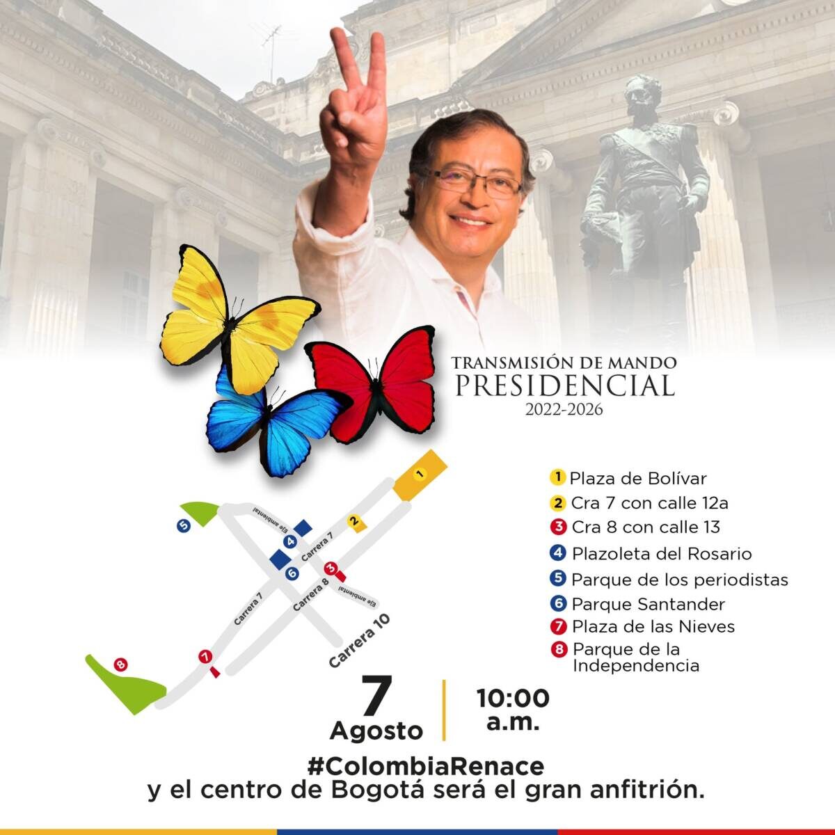 Prográmese para la muestra cultural que se hará en la posesión de Gustavo Petro El próximo domingo 7 de agosto se hará la posesión oficial del presidente Gustavo Petro, la cual tendrá la primera participación ciudadana en la historia de Colombia.