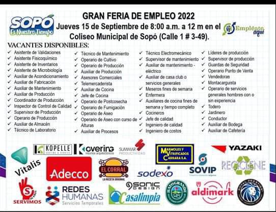 Gran feria de empleo este jueves 15 de septiembre 1 Gran feria de empleo este jueves 15 de septiembre Este jueves 15 de septiembre desde las 8:00 a.m. se estará realizando una gran feria de empleo con más de 30 vacantes disponibles a las que la ciudadanía podrá aplicar.