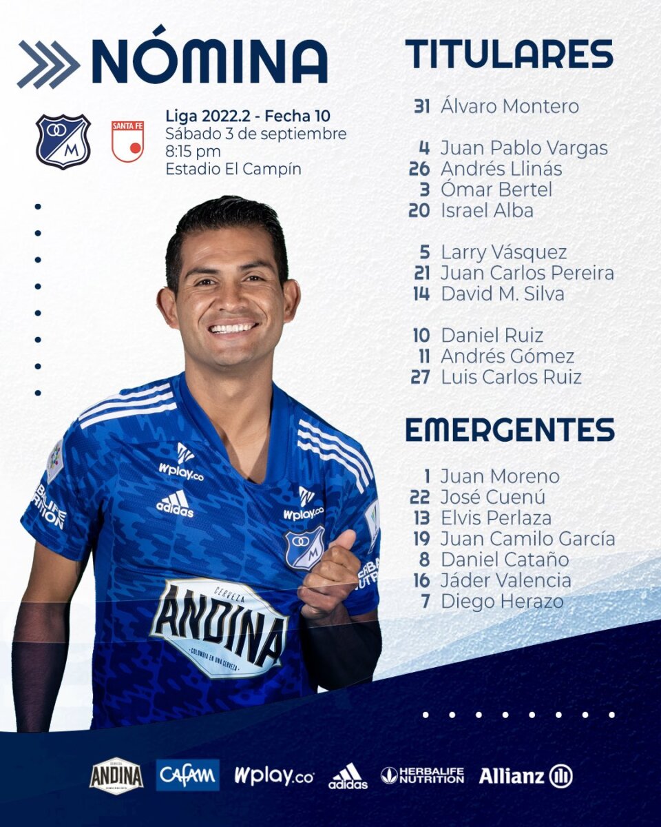 Millos y Santa Fe definieron sus nóminas para el clásico Un señor partido se disputará este sábado (8:15 p.m.), en el estadio El Campín. Millonarios y Santa Fe se enfrentarán en la edición 307 del Clásico capitalino. Tanto 'Embajadores' como 'Cardenales' definieron las nóminas para este compromiso, correspondiente a la fecha 10 de la Liga.