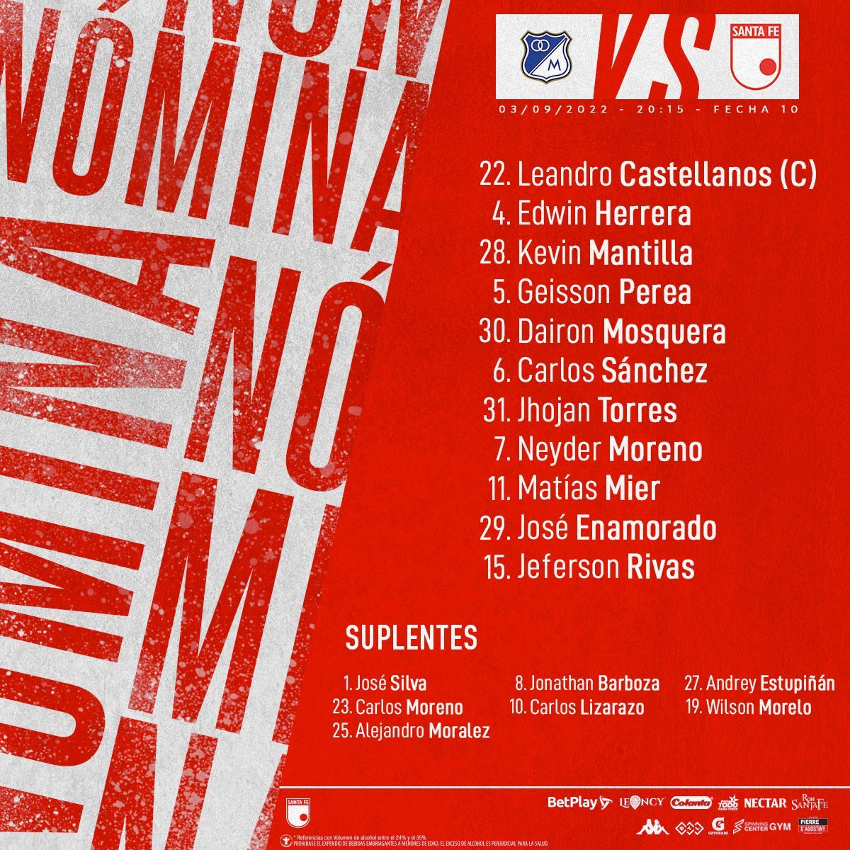 Millos y Santa Fe definieron sus nóminas para el clásico Un señor partido se disputará este sábado (8:15 p.m.), en el estadio El Campín. Millonarios y Santa Fe se enfrentarán en la edición 307 del Clásico capitalino. Tanto 'Embajadores' como 'Cardenales' definieron las nóminas para este compromiso, correspondiente a la fecha 10 de la Liga.