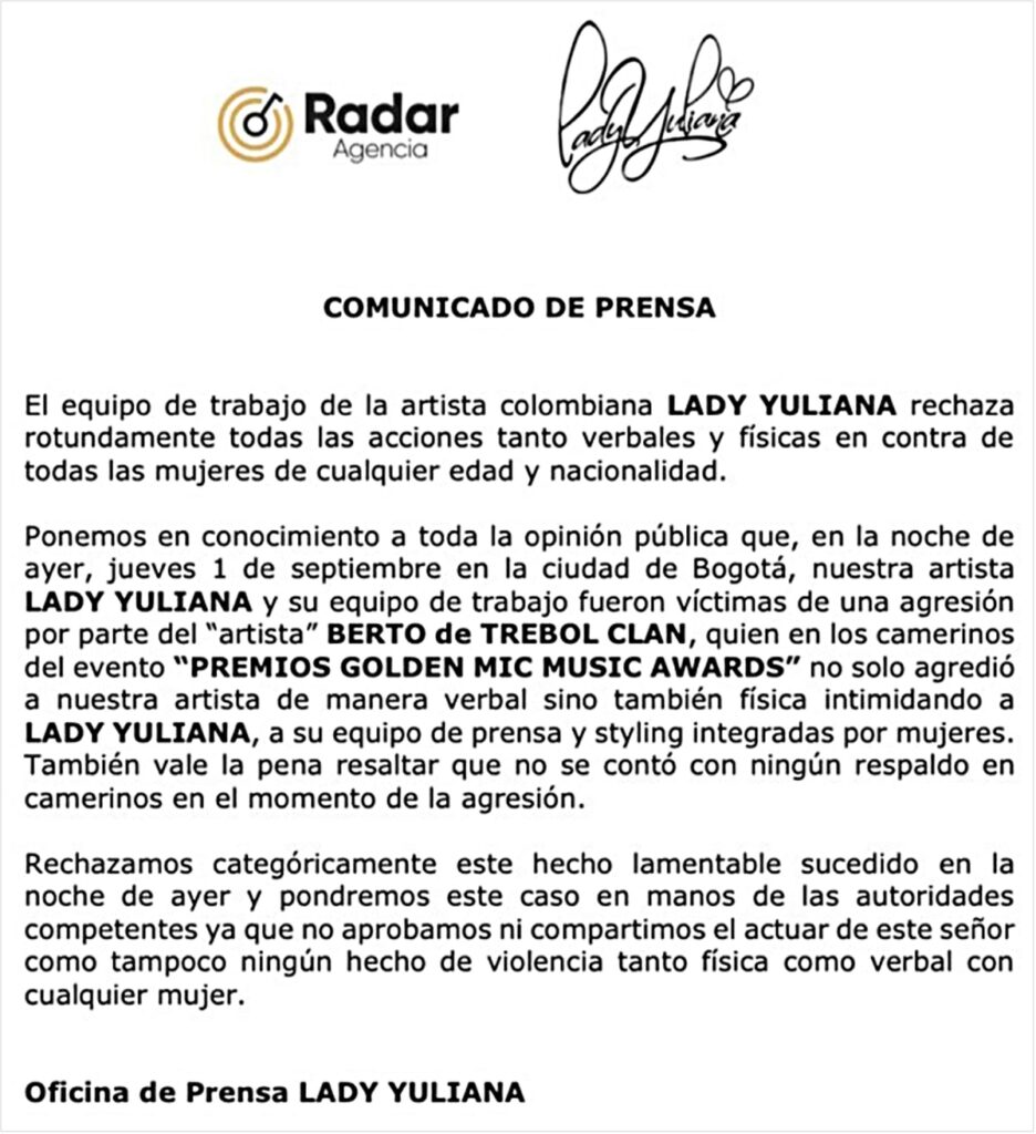 Reguetonero le dio tremenda paliza a la artista Lady Yuliana La cantante de música popular Lady Yuliana fue brutalmente atacada a patadas, por un reguetonero, mientras se encontraba en el camerino del teatro donde se llevaba a cabo la ceremonia de los Premios Golden Mic Music Awards.