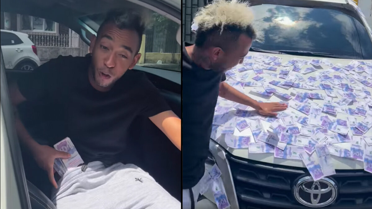 Influencer forró su carro de billetes y salió a las calles para que las personas los cogieran 5 Influencer forró su carro de billetes y salió a las calles para que las personas los cogieran El influencer Kevin Esteban Rivera, conocido como ‘El negro está claro’, volvió a ser tendencia en redes sociales luego de que forrara su carro con billetes de $50.000 para que las personas que transitaban por la calle los tomaran.
