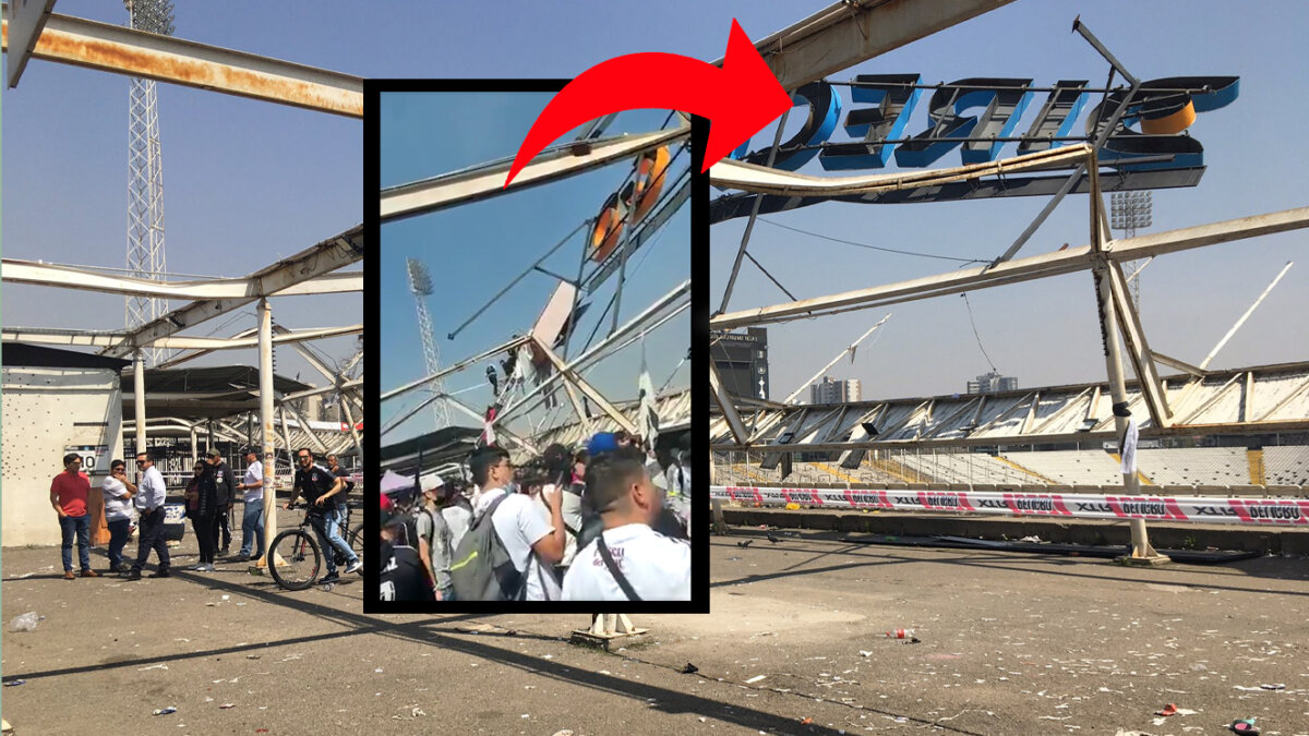 VIDEO ESCALOFRIANTE: A hinchas se les vino encima el estadio en medio de un banderazo 10 VIDEO ESCALOFRIANTE: A hinchas se les vino encima el estadio en medio de un banderazo En video quedó registrado el tremendo totazo que se dieron varios hinchas luego de que se treparan en el techo del estadio Monumental en Santiago de Chile, capital del país austral. Los irresponsables no se imaginaron que la estructura se les vendría encima, y sus gritos de alegría terminaron siendo de pánico cuando por poco son aplastados.