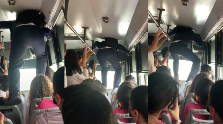 EN VIDEO: Hombre se trepó en las sillas de un bus que iba lleno para poder salir 5 EN VIDEO: Hombre se trepó en las sillas de un bus que iba lleno para poder salir Al ver que el bus estaba lleno y, aparentemente, no tenía cómo salir, el hombre, con morral a cuestas, se trepó en las sillas y pasó por encima de las personas que estaban allí sentadas.