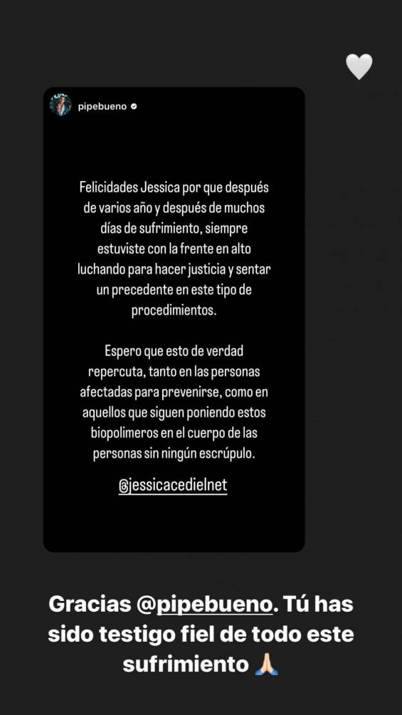 El emotivo mensaje que Pipe Bueno le dedicó a Jéssica Cediel 2 El emotivo mensaje que Pipe Bueno le dedicó a Jéssica Cediel El cantante Pipe Bueno le dejó un emotivo mensaje en redes sociales a su ex pareja Jéssica Cediel tras el duro episodio que vivió por los biopolímeros.