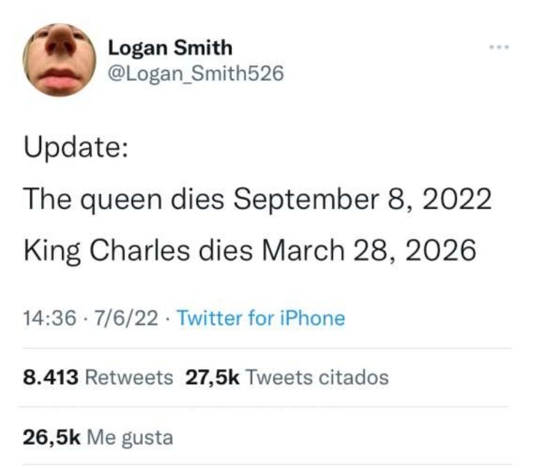 Así fue como un tuitero predijo el día de la muerte de la reina Isabel II 1 Así fue como un tuitero predijo el día de la muerte de la reina Isabel II Un usuario en Twitter predijo la fecha en que la reina Isabel II iba a morir, además, dijo que la muerte del rey Carlos III será el 28 de marzo de 2026.