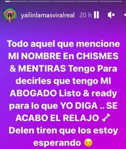 Yailin se emberracó y anunció acciones legales para quien hable mal de ella La cantante Yailin, en sus redes sociales, anunció que se cansó de los rumores y los chismes, por lo que ahora tomará acciones legales contra las personas que hablen mal sobre ella.