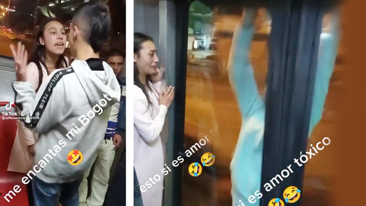 ¡Increíble! joven terminó colgado de un TransMilenio pidiendo perdón En redes sociales se ha viralizado el video de un jovencito que arriesga su vida, colgándose de las puertas de un TransMilenio mientras este está en movimiento por las calles de Bogotá. Todo por el perdón de la que parece ser su novia con la que estaba bien agarrado.