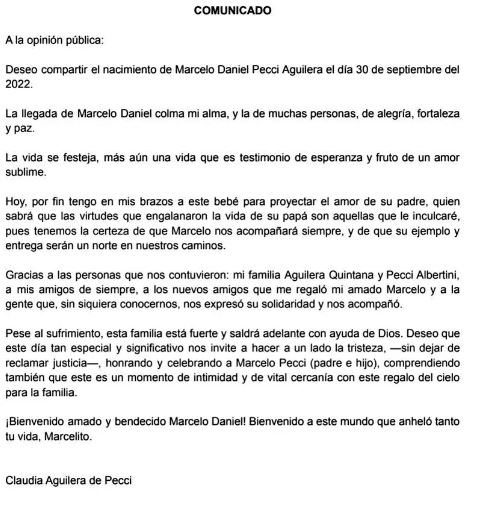 "Marcelo nos acompañará siempre": nació el hijo del fiscal asesinado en Colombia 1 "Marcelo nos acompañará siempre": nació el hijo del fiscal asesinado en Colombia Nació Marcelo Daniel Pecci Aguilar, el hijo del difunto fiscal paraguayo Marcelo Pecci que fue asesinado en plena luna de miel en las playas de Barú.