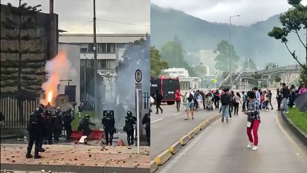 Continúan los fuertes disturbios en la Universidad Nacional La tarde de este viernes se empezó a tornar violenta por los enfrentamientos entre presuntos miembros de la Primera Línea, con agentes del Escuadrón Móvil Anti Disturbios (Esmad), en la Universidad Nacional.