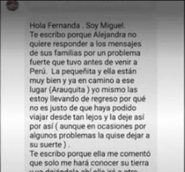 Misteriosa desaparición de colombiana y su hija en Perú  Fernanda Palacios, hermana de Alejandra, fue la primera en interponer la denuncia de la desaparición de ambas mujeres, pues se le hizo extraño que su hermana nunca llegara a su vivienda, ubicada en  Miraflores, Lima, por lo que empezó a insistirle a su celular y a escribirle a redes sociales sin obtener respuesta.