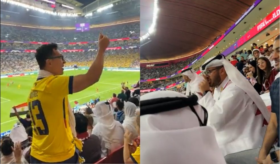 ¡Agarrón entre hinchas! ecuatoriano y catarí protagonizaron pelea en el partido inaugural 9 ¡Agarrón entre hinchas! ecuatoriano y catarí protagonizaron pelea en el partido inaugural El hombre se levantó de su asiento y enfrente de otros hinchas, levantó su mano haciendo una seña de dinero a los cataríes que estaban en las gradas, luego del gol anulado a un jugador de Ecuador.