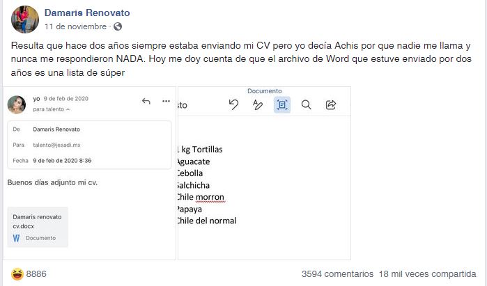 Increíble error: mujer descubrió por qué no la llamaron de empresas a las que les envió su hoja de vida Pero una cosa es que lo llamen a uno, presentar entrevista y no ser el candidato elegido, y otra muy diferente es que ni una sola empresa se ponga en contacto con el candidato. Ese fue el caso de Damaris Renovato, una mujer que después de dos años de haber estado enviando hojas de vida a diferentes empresas por internet, sin obtener una sola llamada, descubrió la sorprendente razón por la que esto sucedió.