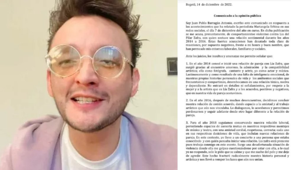 "No soy ni un monstruo, ni un asesino": habló el actor acusado de agresión La periodista Mariángela Urbina hace unos días denunció una supuesta agresión por parte del actor Juan Pablo Barragán en contra de su exnovia, Lia Zafra, por medio de un hilo de Twitter.