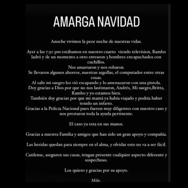 Amarga Navidad para la presentadora Milena López: se le metieron los ladrones a las casa La presentadora Milena López no pasó una feliz Navidad, pues según contó en sus redes sociales en la tarde del 24 de diciembre fue víctima de la delincuencia dentro de su propia casa.