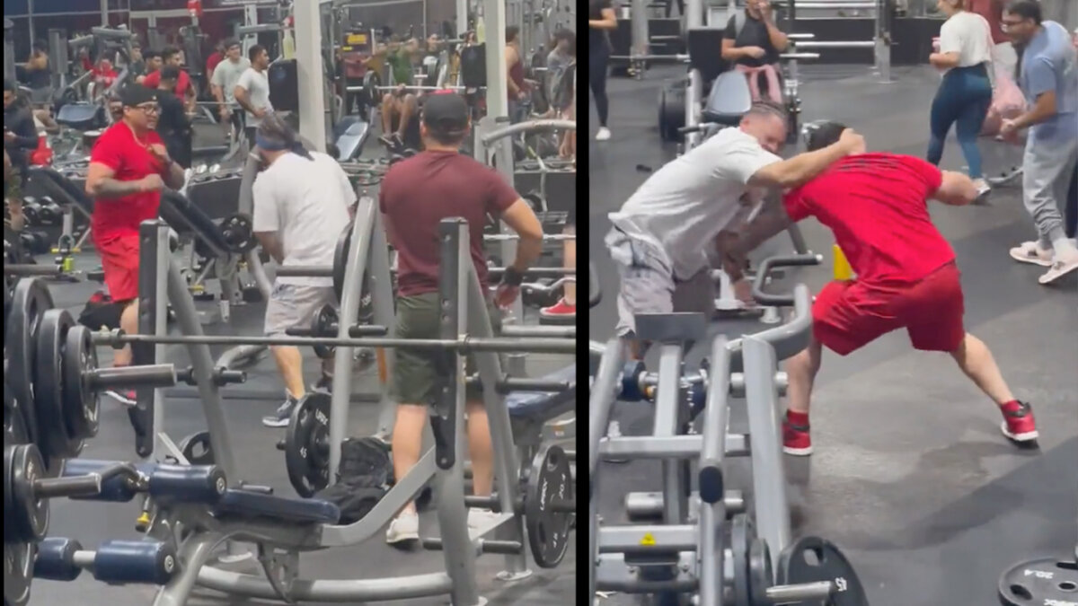 En video: se agarraron a golpes en pleno gimnasio 6 En video: se agarraron a golpes en pleno gimnasio En un impactante video quedó registrado cuando dos hombres se dieron puño y pata en pleno gimnasio. Los hombres tuvieron un encontrón por una de las máquinas y el conflicto se salió del control, pues acabaron agarrados frente a los demás asistentes que, incluso, tuvieron que correr con el zafarrancho que se armó.