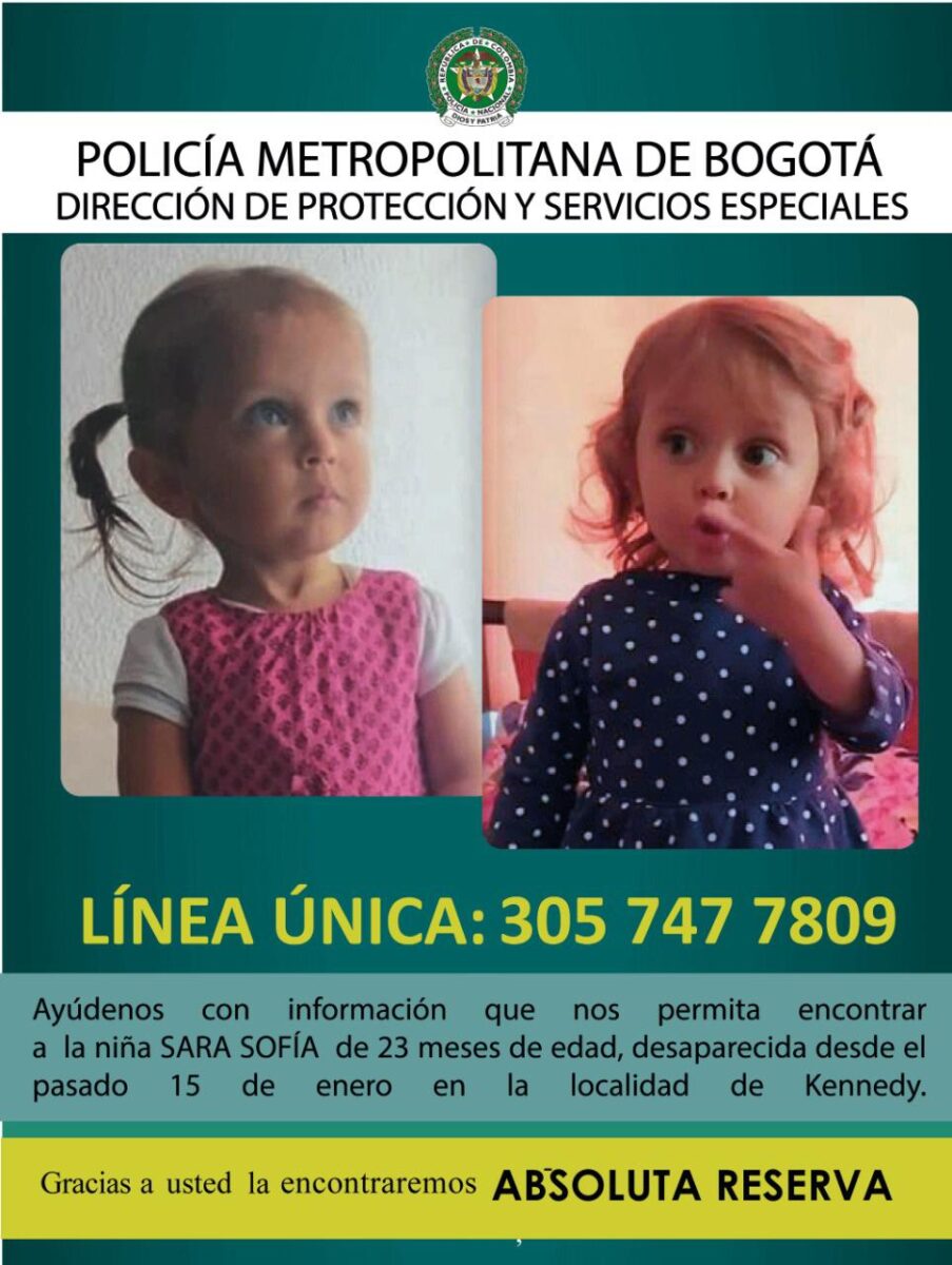 ¿Dónde está Sara Sofia? 2 años después, su paradero sigue siendo un misterio &nbsp;Poco o nada se conoce del paradero de Sara Sofía Galván, la niña de 2 años de edad que desapareció hace dos años en Bogotá y de quien no se tienen pistas ciertas de su paradero. Desde ese momento su mamá, Carolina Galván, y su padrastro, Nilson Díaz, han dado varias versiones encontradas sobre lo que ocurrió, lo que ha dificultado la búsqueda.