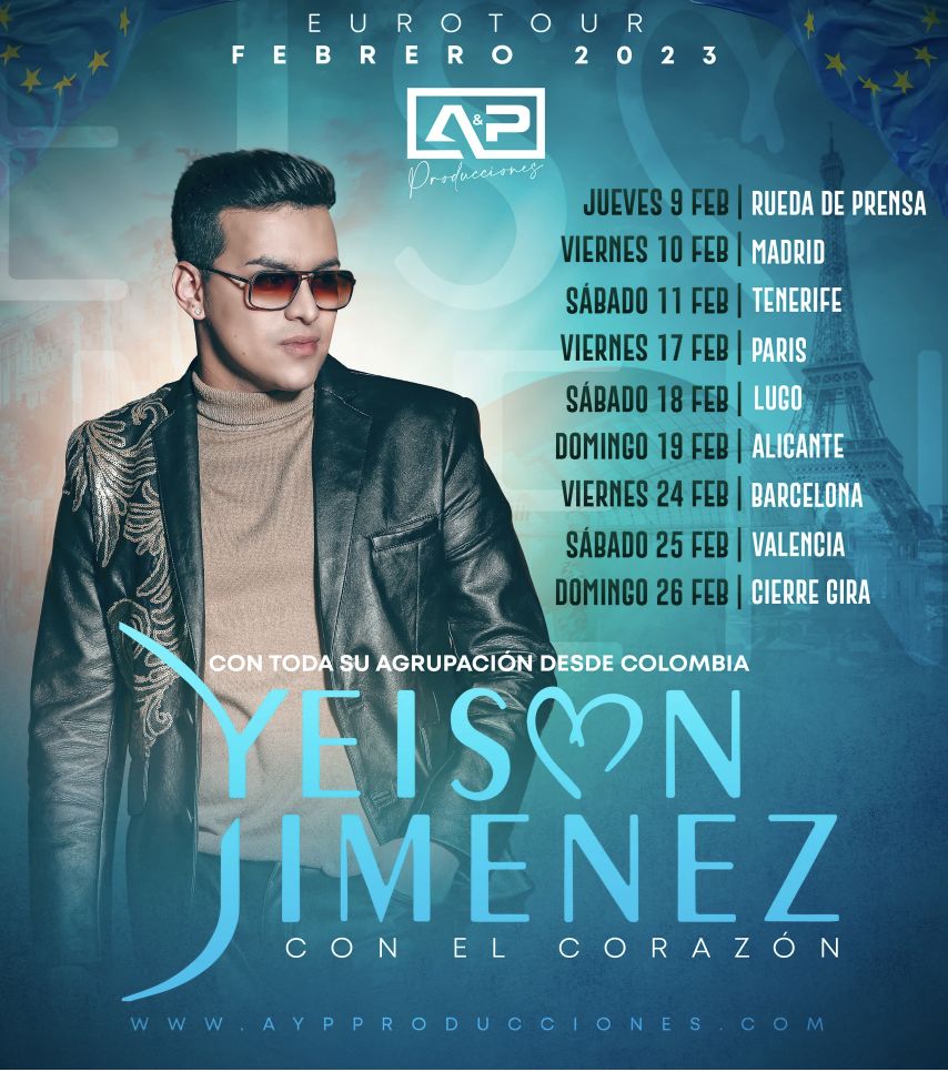 Yeison Jiménez hará gira de conciertos por España y Francia en febrero 2 Yeison Jiménez hará gira de conciertos por España y Francia en febrero El cantante de música popular Yeison Jiménez volverá a viajar para ofrecer una serie de conciertos a sus seguidores en Europa, tras el éxito que tuvo el año pasado en su gira por los Estados Unidos.
