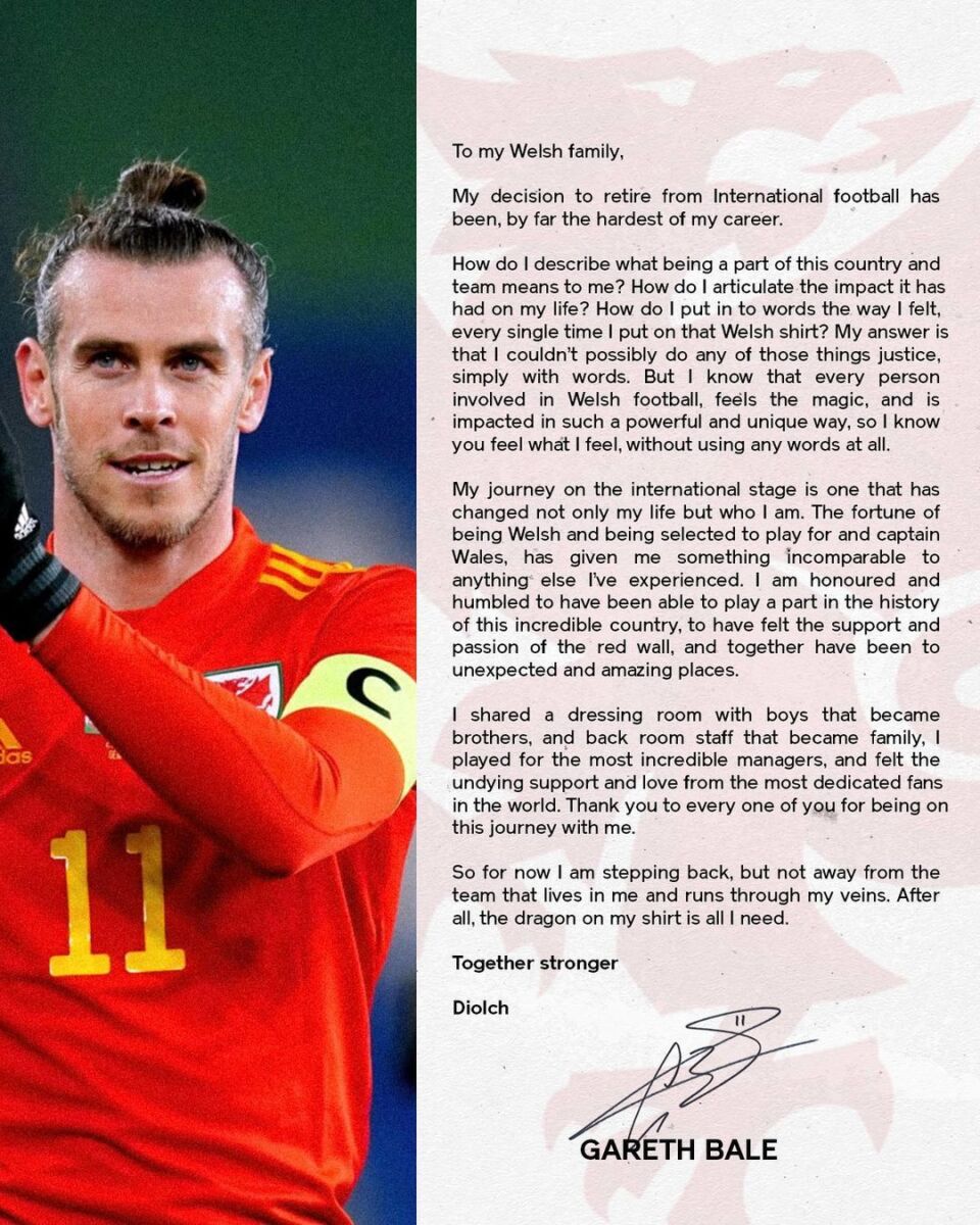 La leyenda de Gales, Gareth Bale, anuncia su retiro del fútbol Gareth Bale colgó los guayos a sus 33 años luego anunciar un punto final en su carrera profesional.