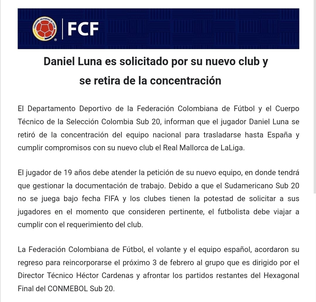 La Sub-20 pierde un jugador importante para el partido contra Uruguay La Sub-20 ya se encontró con su primer problema para enfrentar esta noche a Uruguay, y es que el calidoso mediocampista, Daniel Luna, se retira de la concentración.