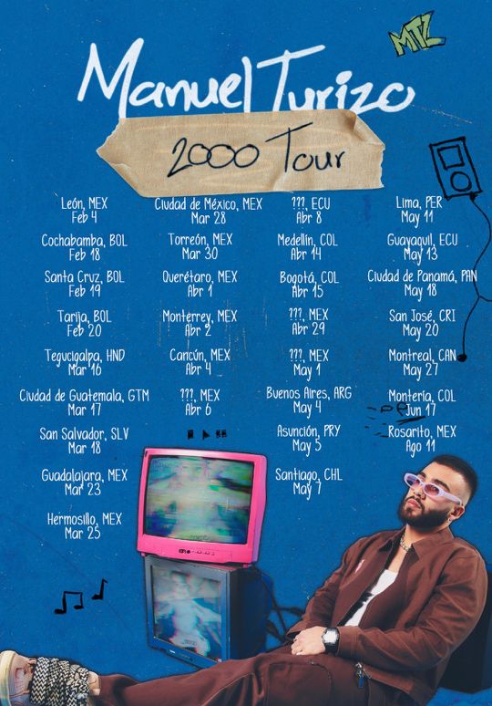 Manuel Turizo hará gira de conciertos por todo el continente 2 Manuel Turizo hará gira de conciertos por todo el continente El '2000 Tour', nombre que el artista le dio a su serie de conciertos por el continente, empezará en México el 4 de febrero y finalizará en el mismo país el 11 de agosto.