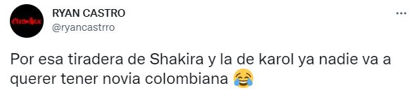“Por la tiradera de Shakira y de Karol G nadie querrá novia colombiana”: Ryan Castro 2 “Por la tiradera de Shakira y de Karol G nadie querrá novia colombiana”: Ryan Castro Al mejor y único estilo, la barranquillera Shakira y la paisa Karol G han plasmado en sus canciones lo que más de una persona le desearía dedicar a su expareja. Entre estos exitazos se encuentran la ‘Music Sessions #53’ y ‘200 Copas’.