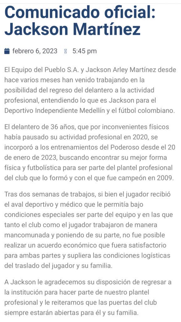 Se conoció cuánto pretendía cobrar Jackson Martínez por jugar en el Independiente Medellín 2 Se conoció cuánto pretendía cobrar Jackson Martínez por jugar en el Independiente Medellín El representante del jugador aprovechó la oportunidad para desmentir las cifras que se ventilaron sobre cuánto estaba cobrando en realidad el jugador chocoano.