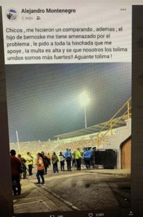 Hincha del Tolima está haciendo ‘vaca’ para pagar millonaria multa por agredir a Daniel Cataño Se ha conocido en redes sociales que el hincha del Tolima, Alejandro Montenegro, quien agredió al jugador de Millonarios, Daniel Cataño, estaría pidiendo plata para poder pagar la millonaria multa que tendrá que afrontar.