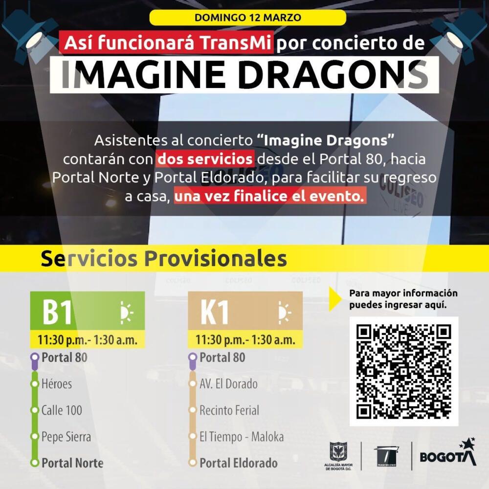 Así operará TransMilenio hoy por el concierto de Imagine Dragons 1 Así operará TransMilenio hoy por el concierto de Imagine Dragons Este domingo 12 de marzo, la banda estadounidense, Imagine Dragons, dará un gran concierto en el Coliseo Live de Bogotá, para garantizar el desplazamiento de los asistentes, TransMilenio S.A. ampliará la operación del Portal 80.