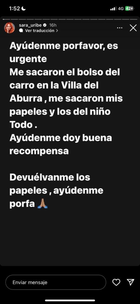 Sara Uribe fue víctima de robo y ofrece recompensa por sus pertenencias 1 Sara Uribe fue víctima de robo y ofrece recompensa por sus pertenencias La modelo y presentadora de televisión, Sara Uribe, contó que en las últimas horas fue víctima de robo en la ciudad de Medellín.