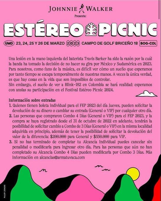 Festival Estéreo Picnic: Blink-182 cancela su presentación por lesión del baterista 1 Festival Estéreo Picnic: Blink-182 cancela su presentación por lesión del baterista Este mes se llevará a cabo el Festival Estéreo Picnic y a pocos días de empezado, se confirmó la cancelación de la banda estadounidense Blink-182.