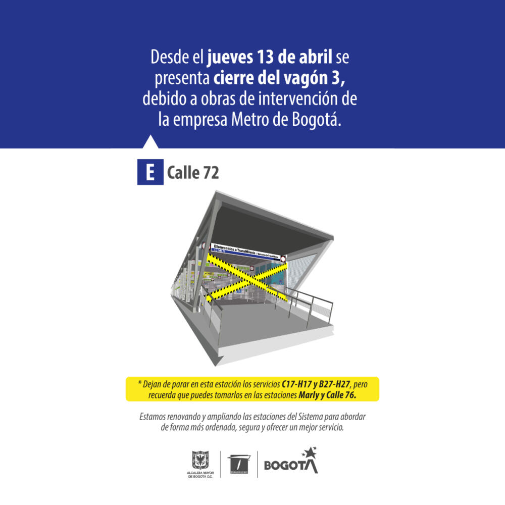Cerrarán vagón de importante estación de TransMilenio por obras del Metro de Bogotá En la ciudad de Bogotá se han estado adelantando las obras de la Primera Linea del Metro, y la Calle 72 es uno de los puntos en los que se han presentado más modificaciones, cierres y obras, a las que también se le suma una nueva intervención la cual fue anunciada por la empresa de transporte masivo, Transmilenio.
