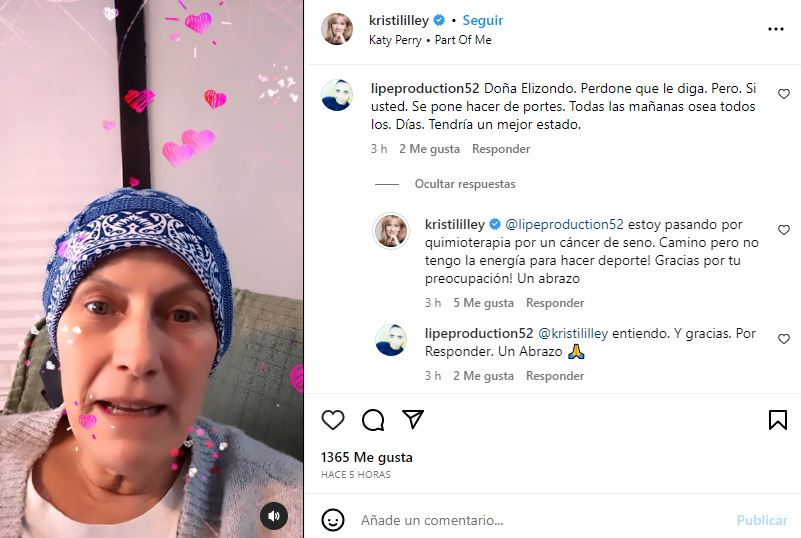 Kristina Lilley le respondió al imprudente que la mandó a hacer deporte 1 Kristina Lilley le respondió al imprudente que la mandó a hacer deporte Como toda una dama la actriz Kristina Lilley no se dejó amilanar por el comentario hecho por un internauta que la mandó a hacer deporte en medio de la enfermedad que atraviesa.