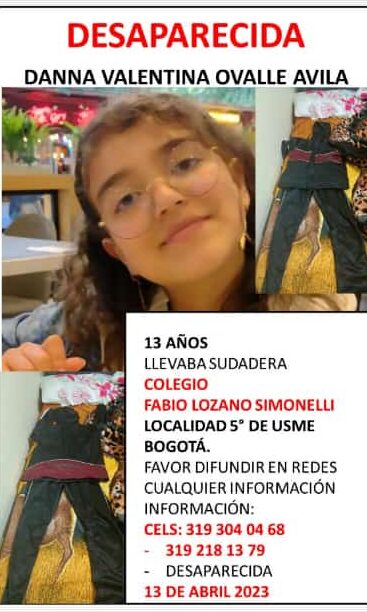 Buscan a Danna Valentina Ovalle, desapareció en la localidad de Usme 1 Buscan a Danna Valentina Ovalle, desapareció en la localidad de Usme Familiares de Danna Valentina Ovalle piden ayuda para localizar a la menor que desapareció este jueves a las 5:00 pm.