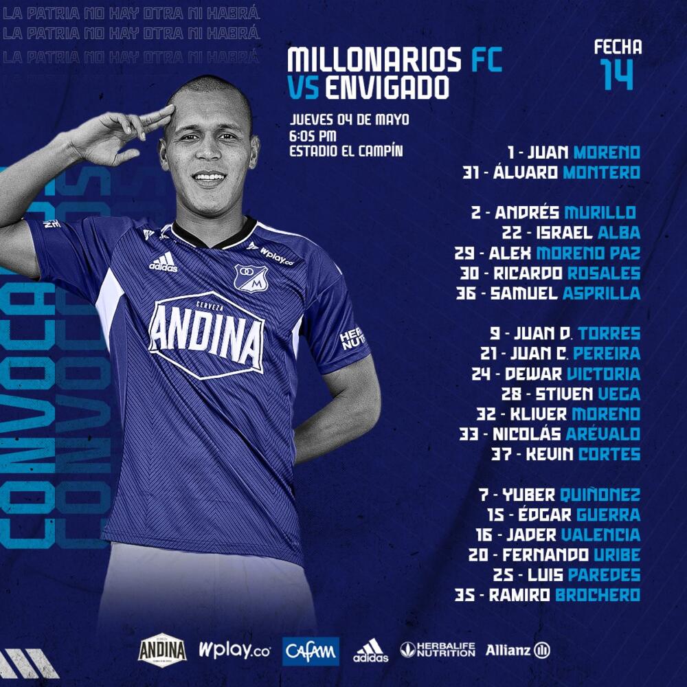 Con esta nómina Millonarios buscará asegurar su clasificación a cuadrangulares ante Envigado 1 Con esta nómina Millonarios buscará asegurar su clasificación a cuadrangulares ante Envigado Millonarios con una nómina suplente, buscará asegurar su clasificación este jueves ante Envigado.