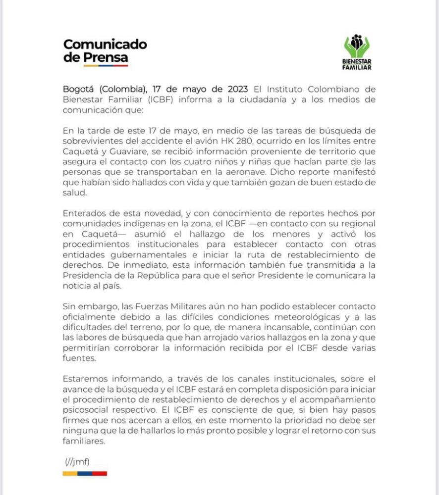 Fuerzas Militares aún no se contactan con el ICBF sobre hallazgo de los niños en el Guaviare 2 Fuerzas Militares aún no se contactan con el ICBF sobre hallazgo de los niños en el Guaviare ICBF anunció que no ha establecido contacto oficial con el Ejército sobre supuesto hallazgo de los niños en el Guaviare.