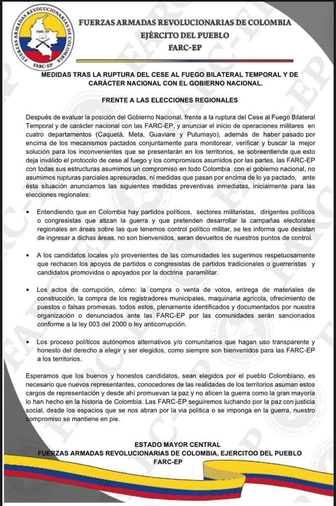 Dura amenaza de las disidencias de las Farc tras ruptura del cese al fuego 2 Dura amenaza de las disidencias de las Farc tras ruptura del cese al fuego